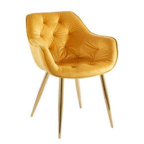 Tufted yellow velvet dining chair with gold metal leg