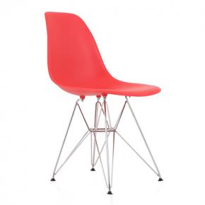 DSR Molded Red Plastic Dining Shell Chair with Steel Eiffel Legs